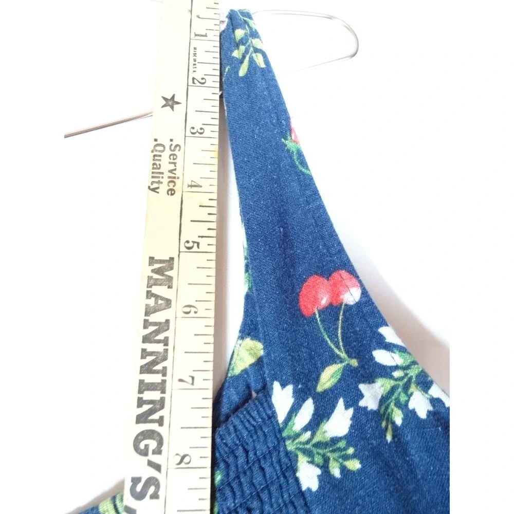 Old Navy Fruit Print Dress Women Medium Navy Linen Blend Smocked Cottagecore NWT